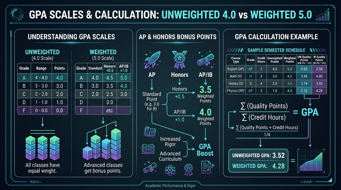 Academic GPA Scale Unweighted 4.0 vs Weighted 5.0 Comparison Diagram